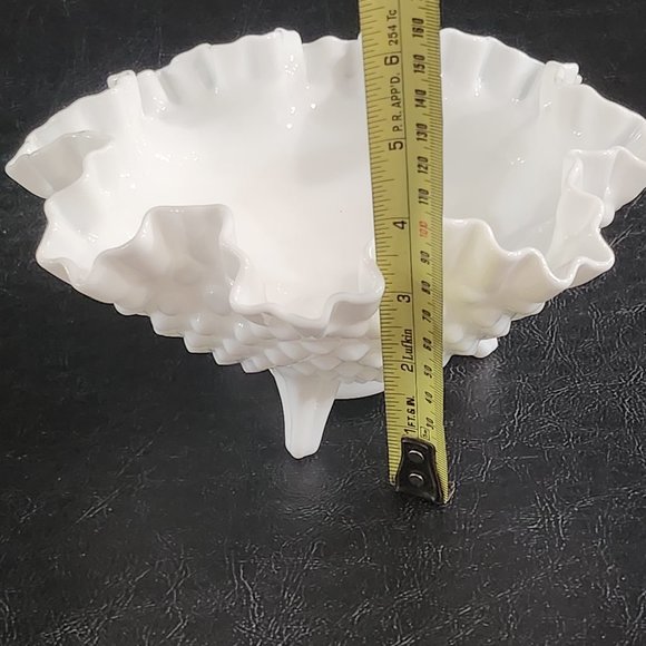 Vintage Fenton White Milk Glass Hobnail Crimped Ruffle Edge 3 Footed Decorative - Picture 9 of 10